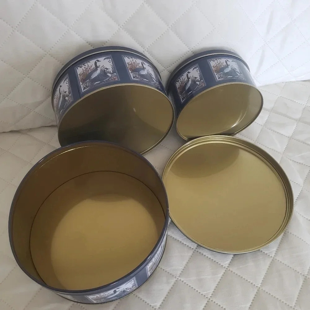 VTG NESTING  TIN CANISTER SET Of 3 CANADA GOOSE GEESE BLUE ROUND HOME DECOR - Picture 8 of 8